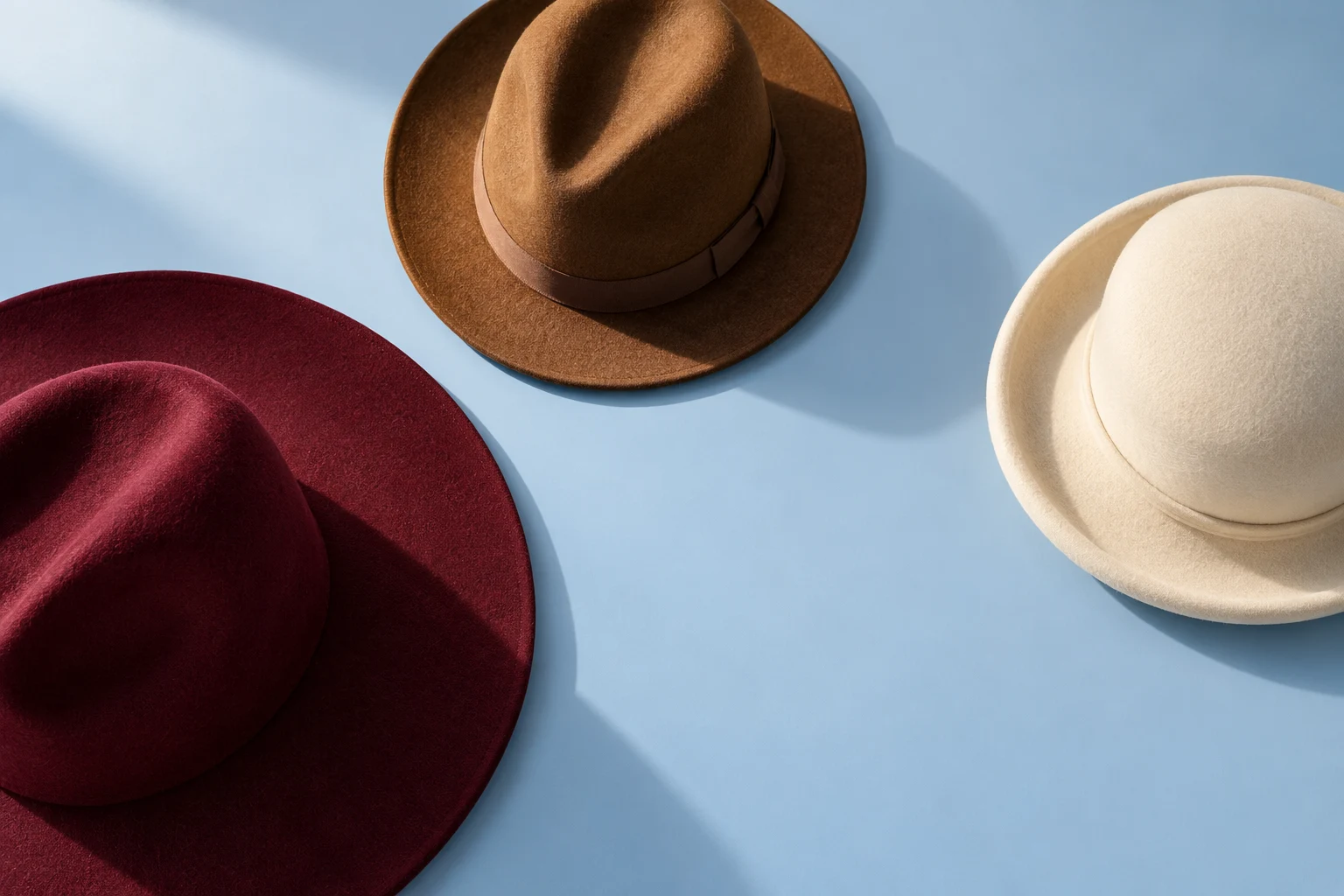 A burgundy felt hat seen from above