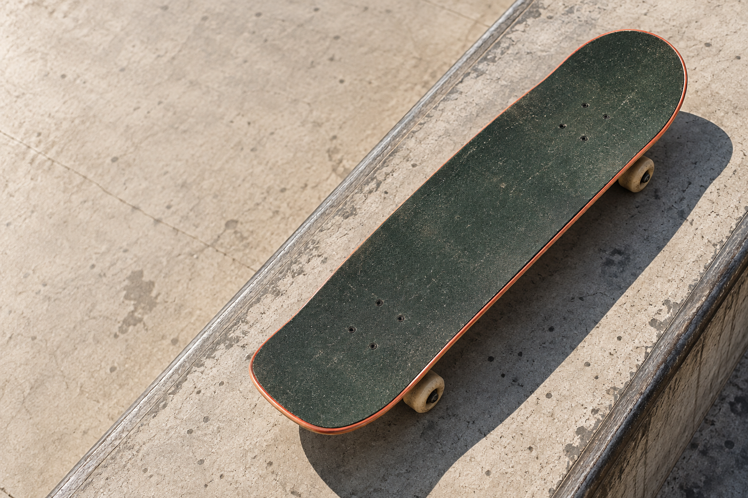 A green skateboard on the diagonal edge of a pale concrete bank