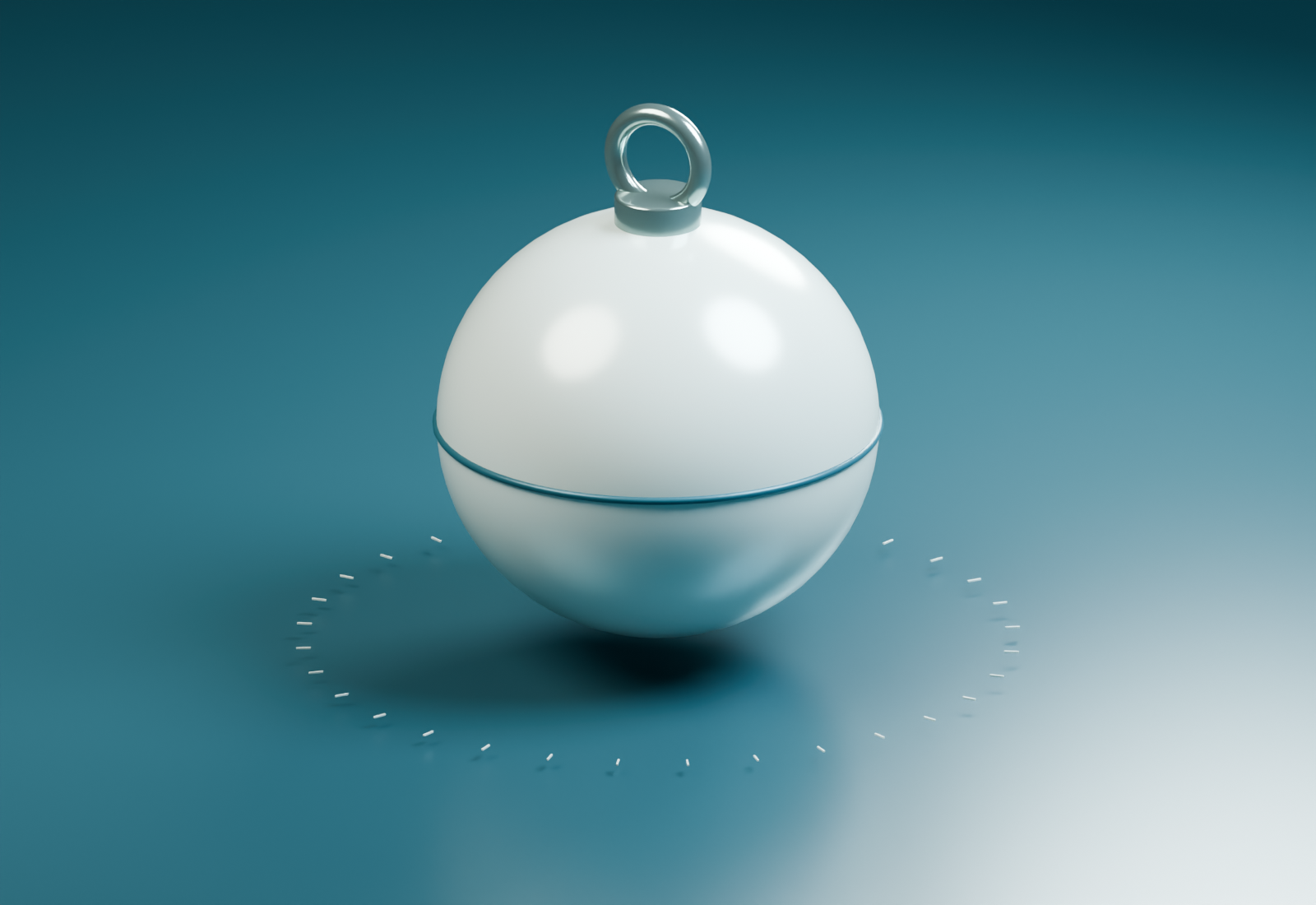 A pale ceramic buoy on a dark marine-colored surface