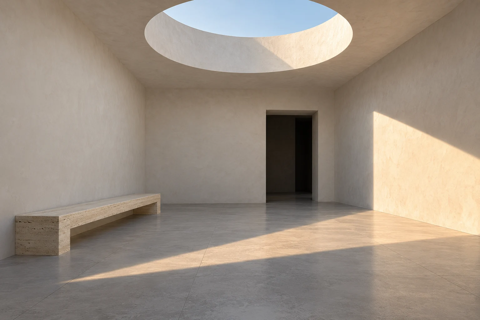 A limestone room, a round skylight and one band of sunlight