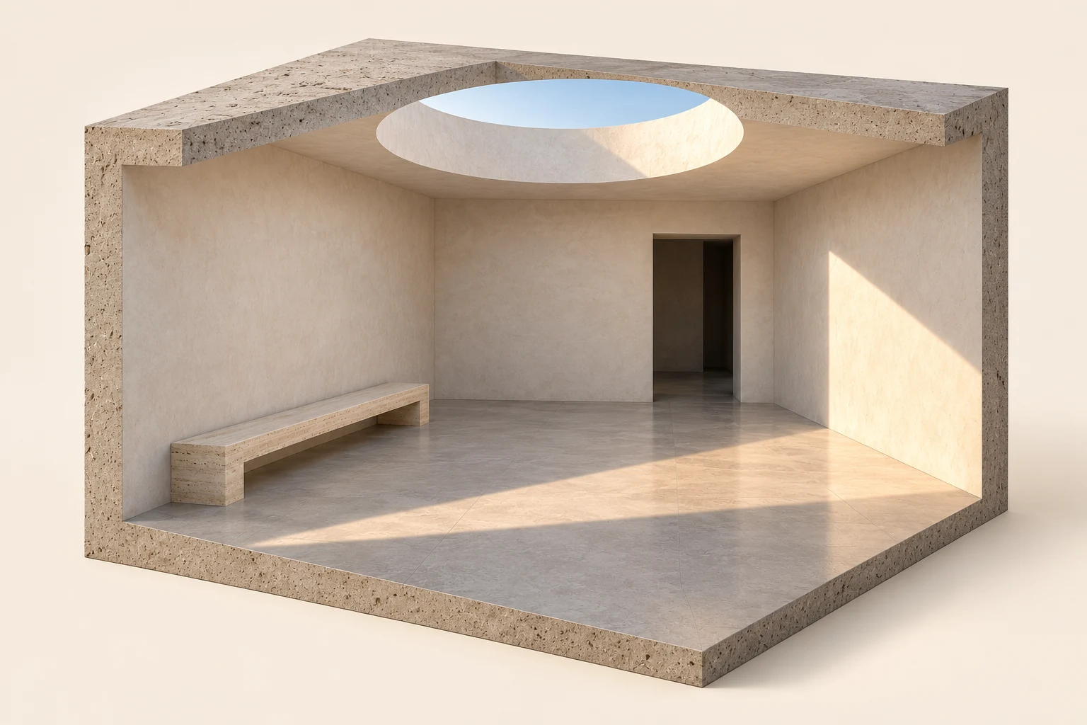A cutaway of a limestone room with one round skylight, a bench and a band of sunlight