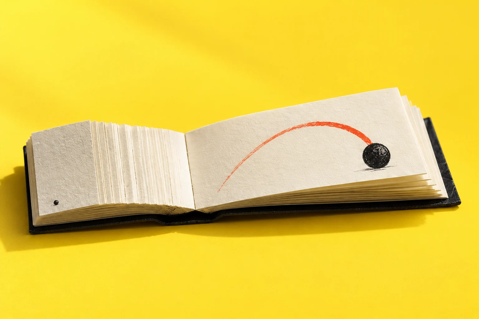 An open paper flipbook with a black ball and an orange arc