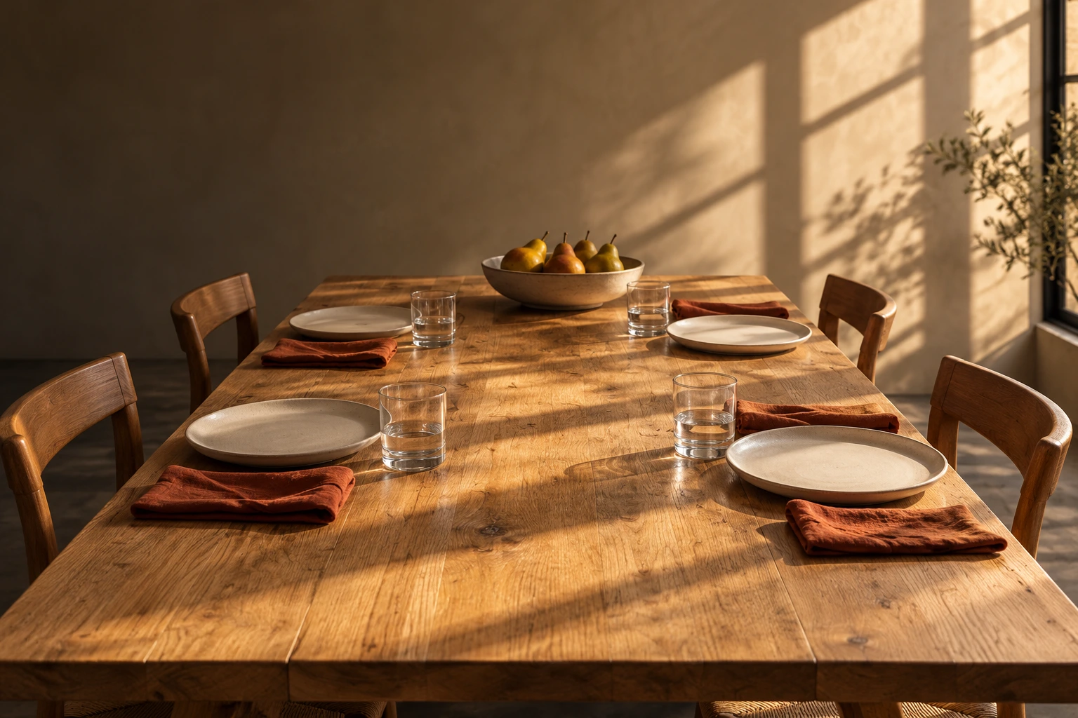 An imagined oak dinner table, ivory plates, rust-colored napkins and warm afternoon light.