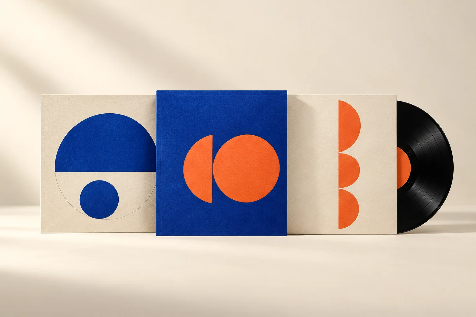 Three original geometric paper sleeves and a vinyl record