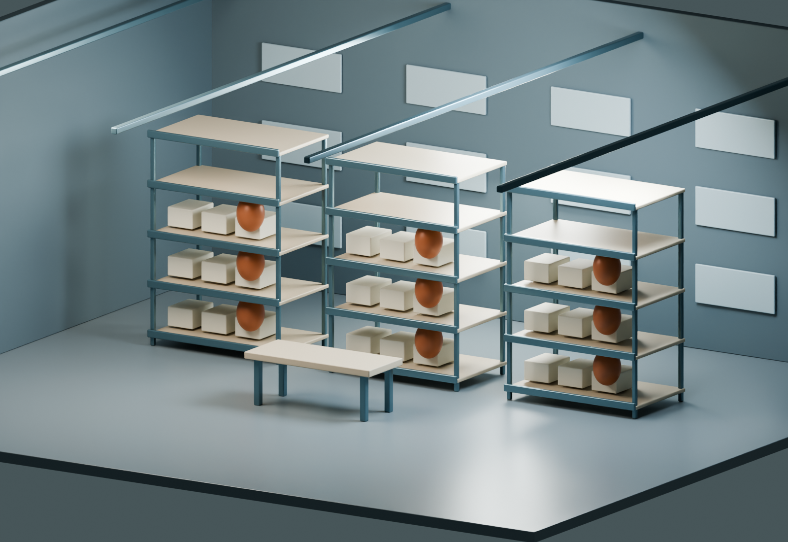 Three blue-gray shelves with pale decks and small clay vessels