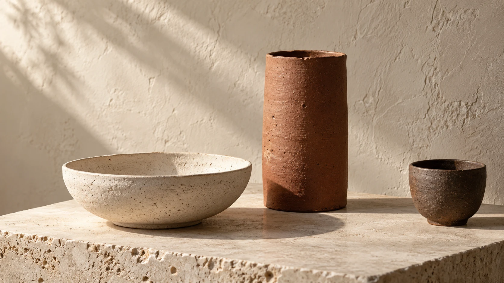 Three imagined ceramic vessels in raking daylight