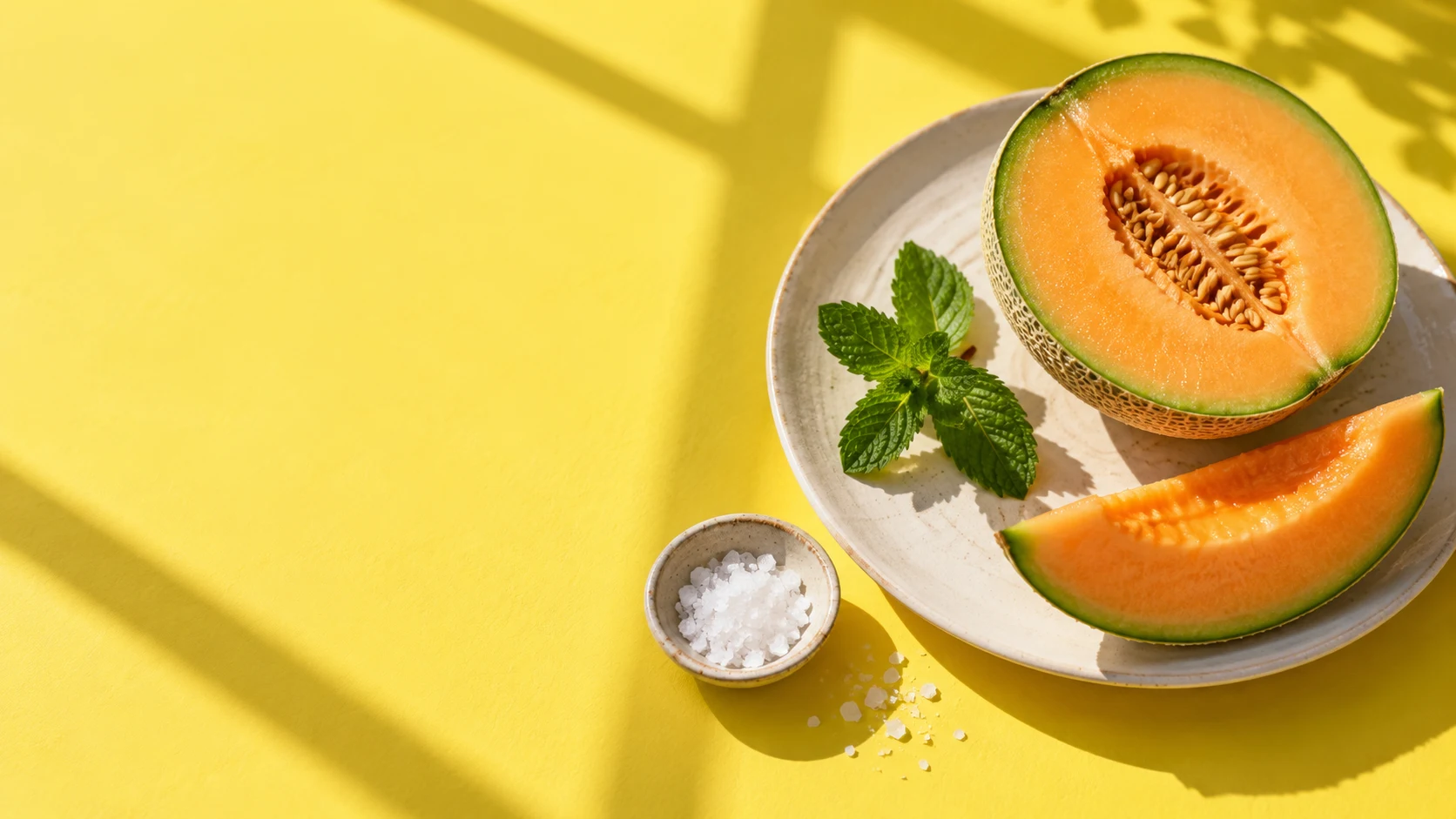 Melon, mint and a pinch of salt on a sunny yellow table