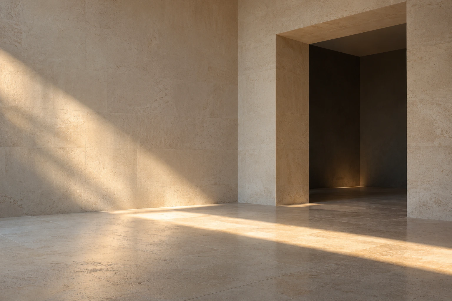 An imagined limestone room with a deep rectangular doorway and a diagonal patch of light.